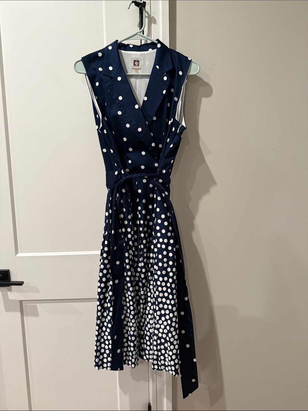 Anne Klein Navy and White Polka Dot Wrap Midi Dress with Tie Waist